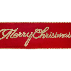Merry Christmas Glittered Script Velvet Wired Ribbon, 3-inch, 10-yard