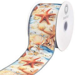 Summer Starfish Seashells Tidepool Deluxe Wired Ribbon, 10-yard