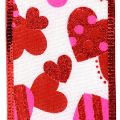 Valentine's Dotted Striped Hearts Faux Linen Wired Ribbon, 2-1/2-inch, 10-yard