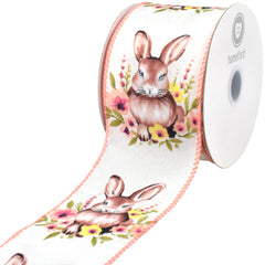 Easter Watercolor Bunnies Flowers Wired Ribbon, 10-yard