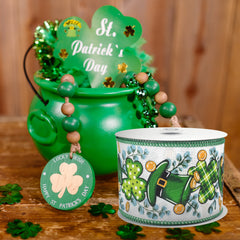 St. Patrick's Leprechaun Hats Coins Foliage Wired Ribbon, 10-yard