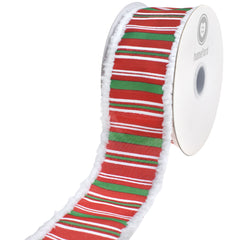 Christmas Glittered Stripes Snowy Edge Satin Wired Ribbon, 2-1/2-inch, 10-yard