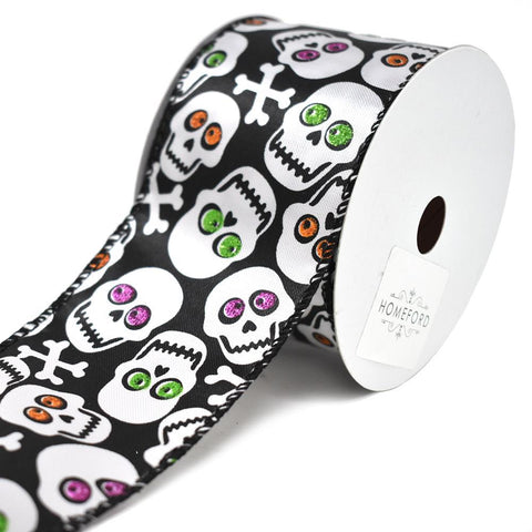 Halloween Glitter Crazy Skull and Cross Bone Satin Wired Ribbon, Black/White, 2-1/2-Inch