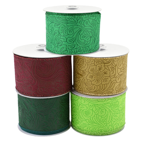 Embossed Flowers Polypropylene Wired Ribbon, 10-yard