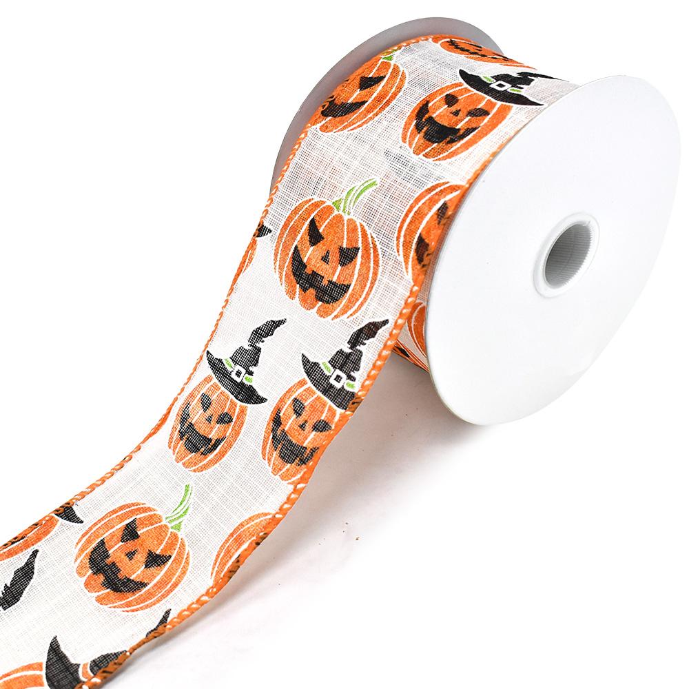 Halloween Jack-O-Lantern Wired Edge Linen Ribbon, White, 2-1/2-Inch, 10-Yard