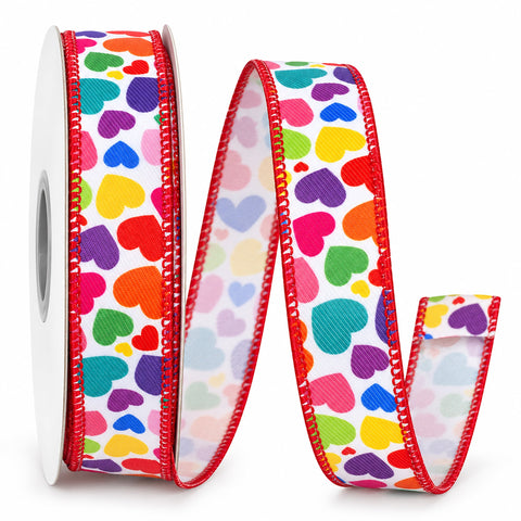 Colorful Rainbow Hearts Twill Wired Ribbon, 7/8-inch, 10-yard
