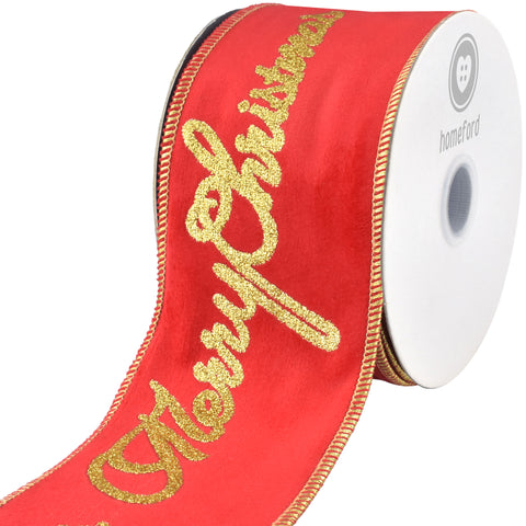 Merry Christmas Glittered Script Velvet Wired Ribbon, 3-inch, 10-yard