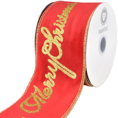 Merry Christmas Glittered Script Velvet Wired Ribbon, 3-inch, 10-yard
