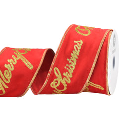 Merry Christmas Glittered Script Velvet Wired Ribbon, 3-inch, 10-yard