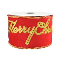 Merry Christmas Glittered Script Velvet Wired Ribbon, 3-inch, 10-yard