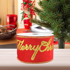 Merry Christmas Glittered Script Velvet Wired Ribbon, 3-inch, 10-yard
