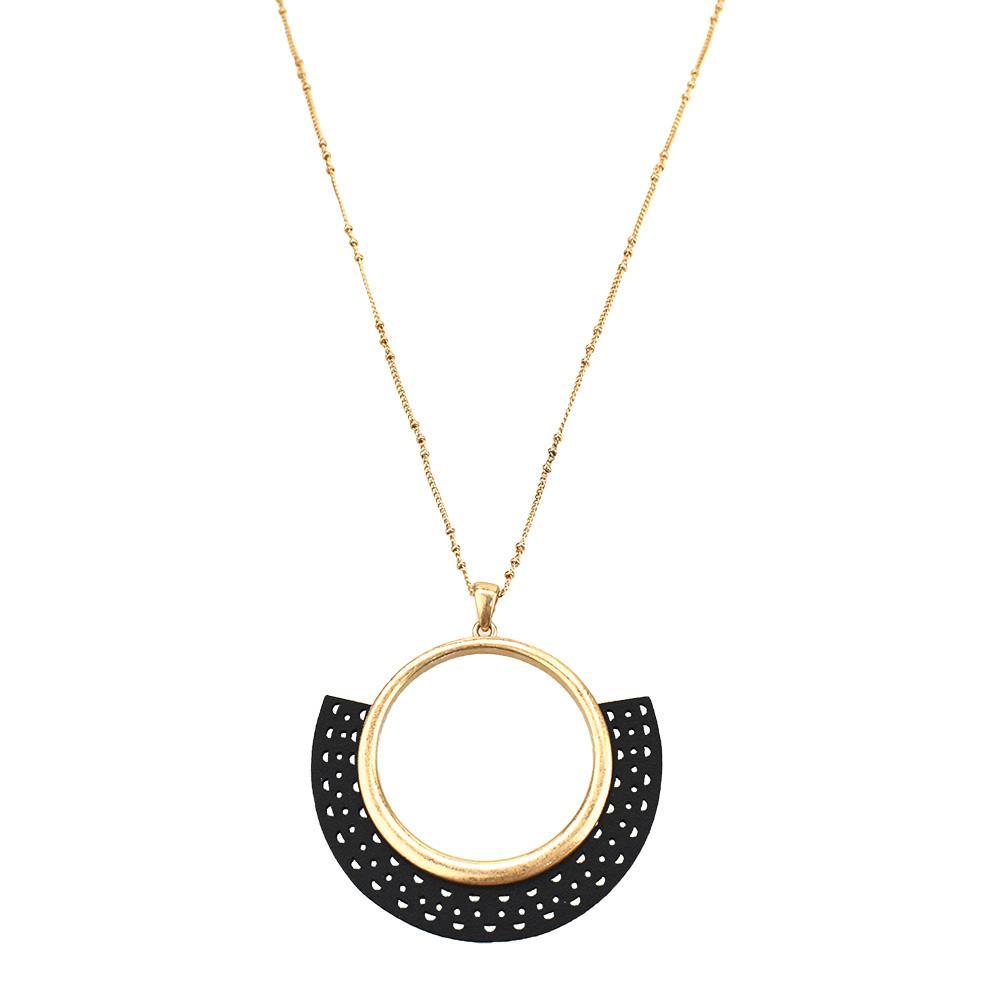 Leather Filigree Fan Shaped Pendant Necklace, 30-Inch