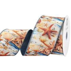 Summer Starfish Seashells Tidepool Deluxe Wired Ribbon, 10-yard