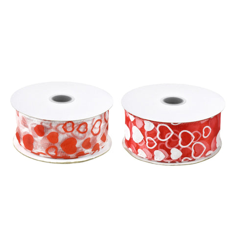 Flocked Heart Organza Ribbon Wired Edge, 1-1/2-inch, 25-yard