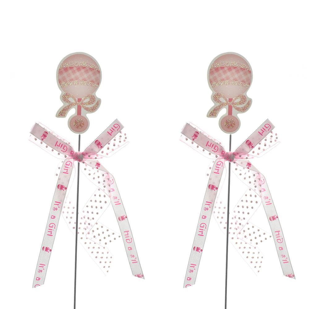 Baby Shower Baby Rattle Pick With Bow, 10-1/4-Inch, 2-Count