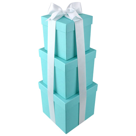 Homeford Nested Square Gift Boxes, Robin's Egg Blue, 5-inch, 6-inch, 7-inch, 3-piece, 1.5-inch White Satin Ribbon 10-yard