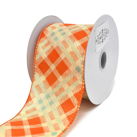Orange/Teal Plaid Pattern Wired Autumn Fall Ribbon, 2-1/2-Inch, 10-Yard