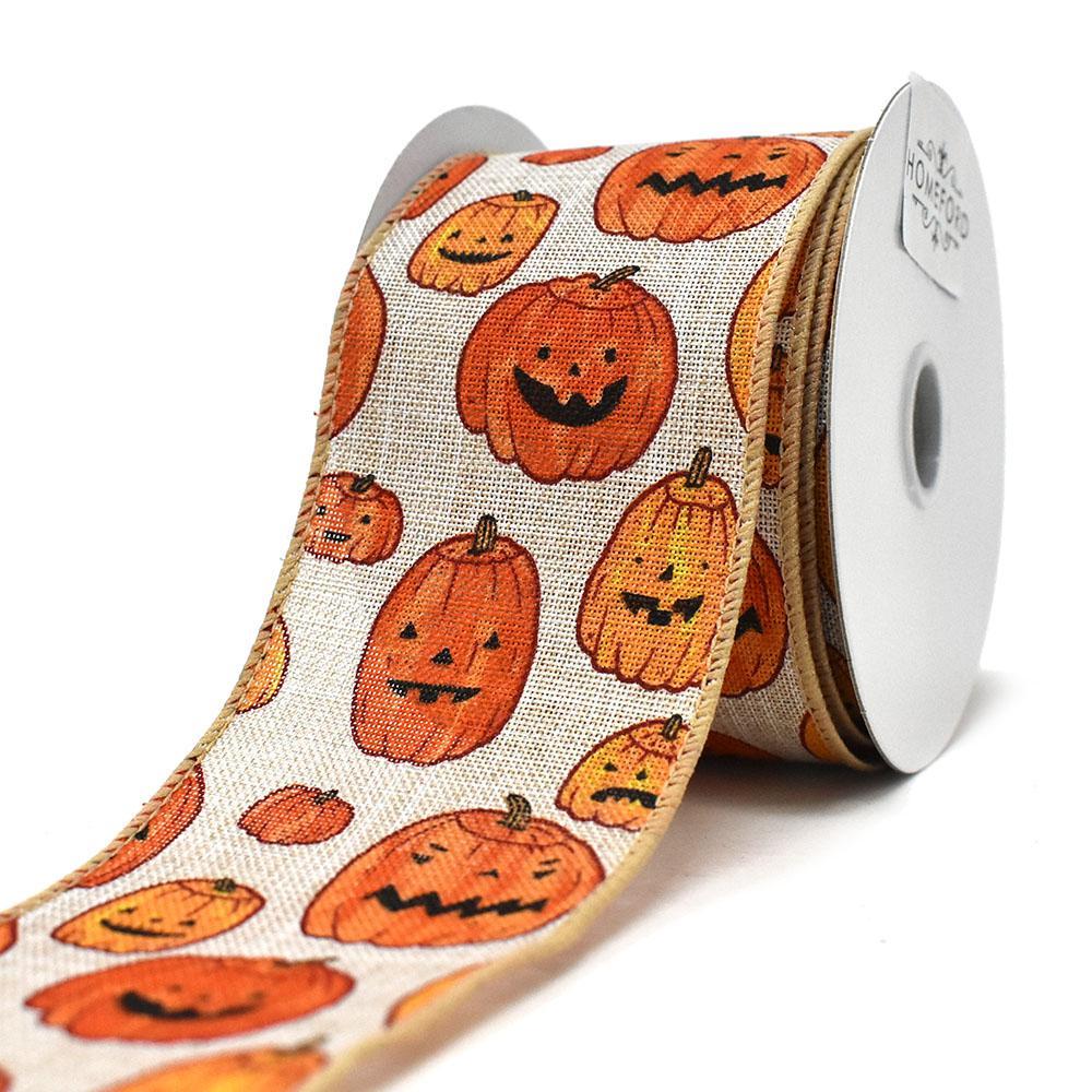 Halloween Jack O Lanterns Wired Linen Ribbon, 2-1/2-Inch, 10-Yard