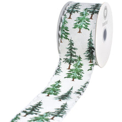 Christmas Pine Trees Snowball Edge Satin Wired Ribbon, 2-1/2-inch, 10-yard