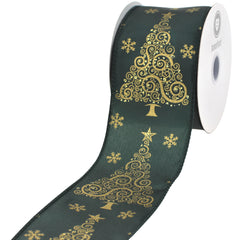 Abstract Gold Christmas Tree Satin Wired Ribbon, 2-1/2-inch, 10-yard