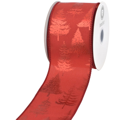 Embossed Christmas Trees Satin Wired Ribbon, 2-1/2-inch, 10-yard