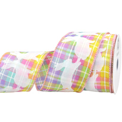 Easter Pastel Plaid Flocked Bunnies Wired Ribbon, 10-yard