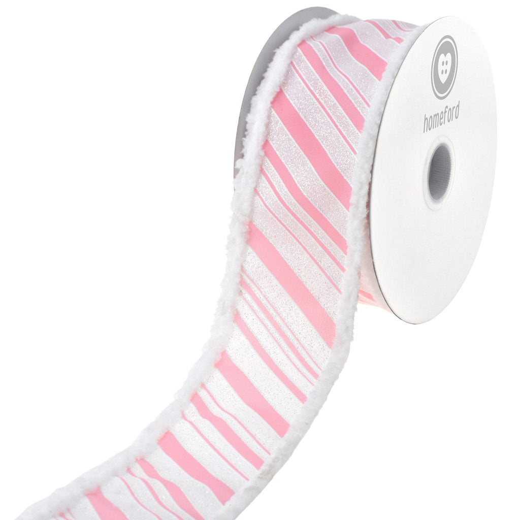Christmas Glittered Stripes Snowy Edge Wired Ribbon, 2-1/2-inch, 10-yard