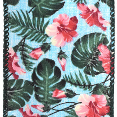 Printed Hibiscus Monstera Leaves Faux Linen Wired Ribbon, 2-1/2-inch, 10-yard