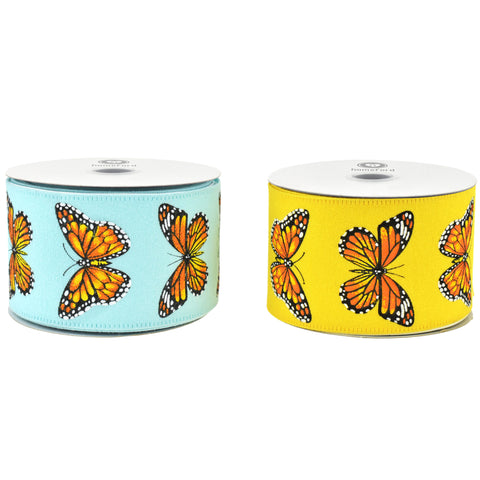 Spring Monarch Butterfly Faux Linen Wired Ribbon, 2-1/2-inch, 10-yard