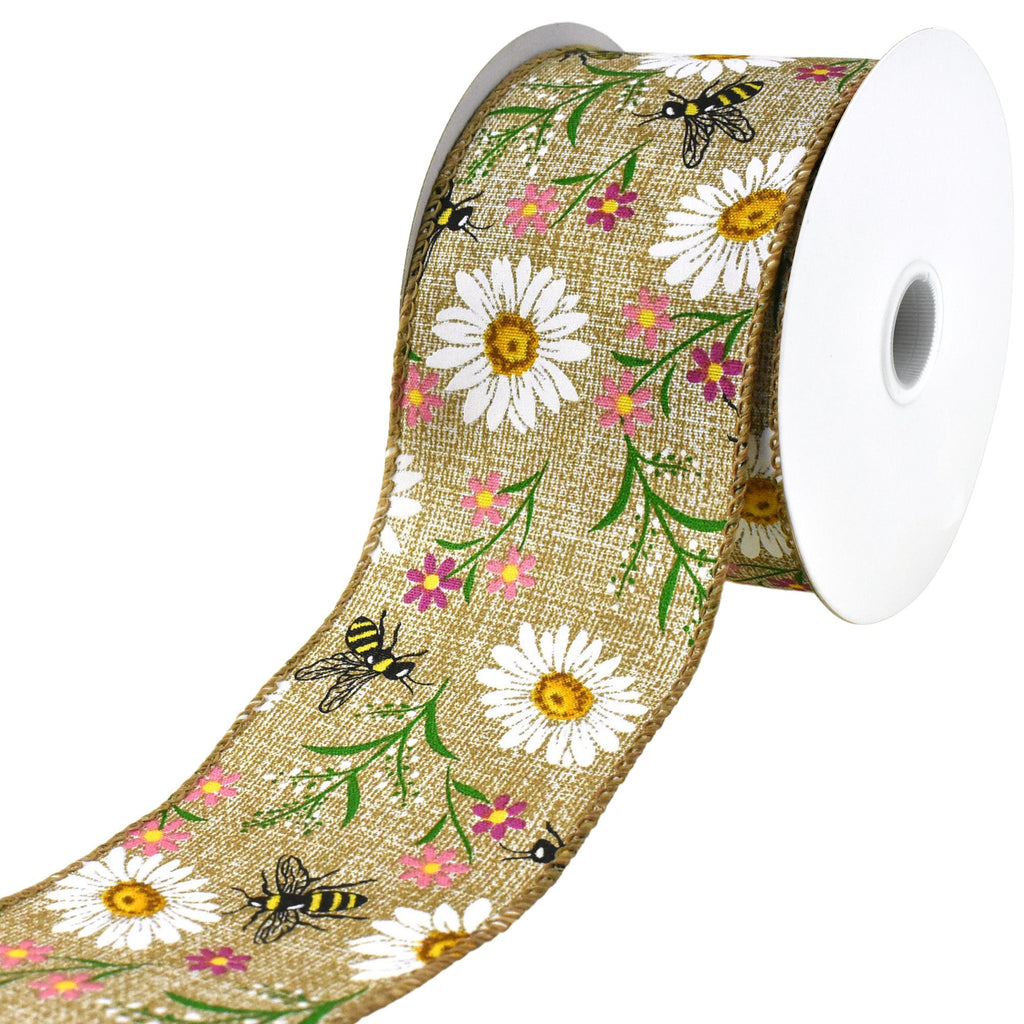 Printed Bees and Spring Flowers Wired Ribbon, 2-1/2-inch, 10-yard
