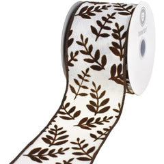 Flocked Fern Branches Faux Linen Wired Ribbon, 2-1/2-inch, 10-yard