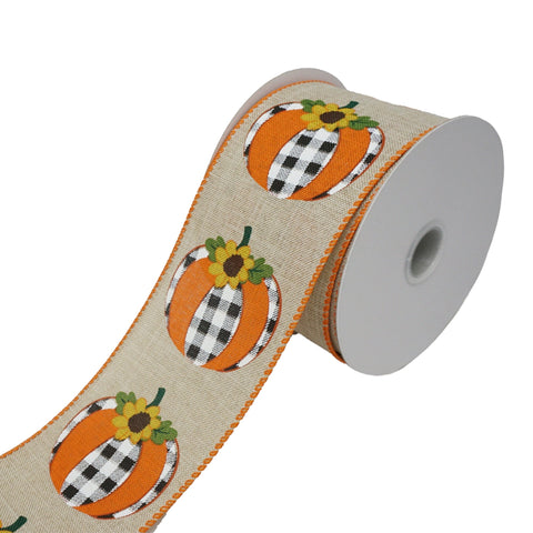 Buffalo Plaid Pumpkins and Sunflower Wired Autumn Fall Ribbon, 2-1/2-Inch, 10-Yard