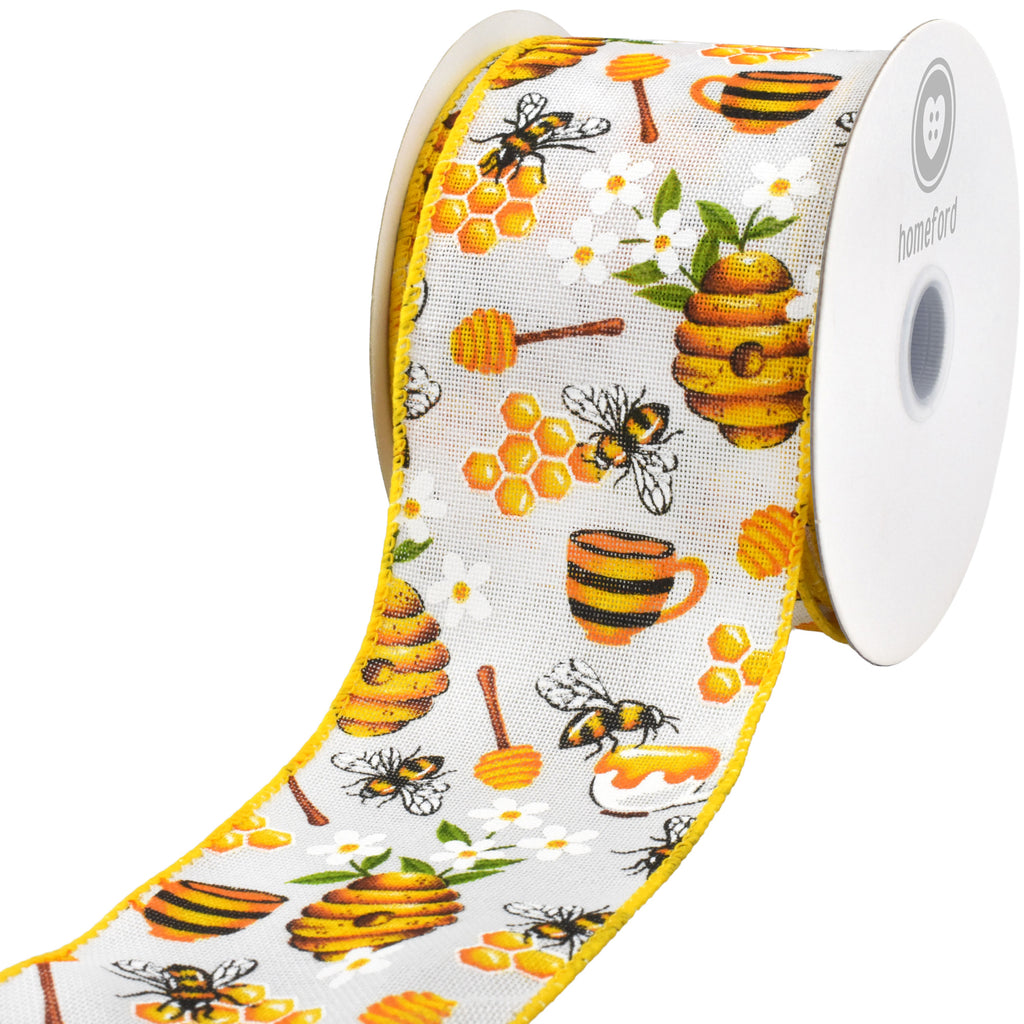 Spring Working Bees Honeycomb Flower Wired Ribbon, 10-yard