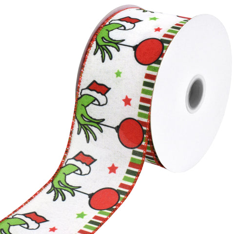 Christmas Monster Hand Ornaments Faux Linen Wired Ribbon, 2-1/2-inch, 10-yard