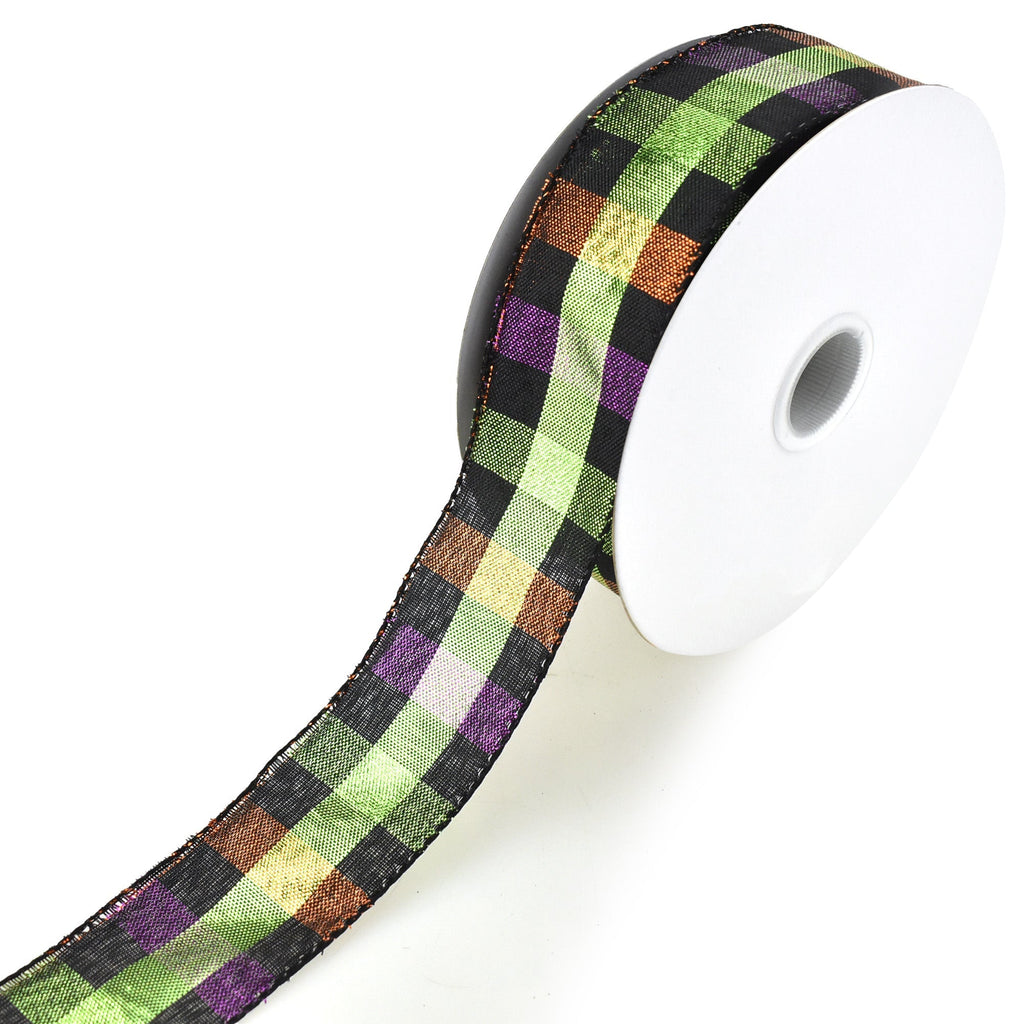 Halloween Midnight Metallic Plaid Checkered Wired Ribbon, 1-1/2-Inch, 20-Yard