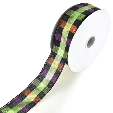 Halloween Midnight Metallic Plaid Checkered Wired Ribbon, 1-1/2-Inch, 20-Yard