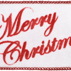 Flocked Merry Christmas Script Faux Linen Wired Ribbon, 2-1/2-inch, 10-yard