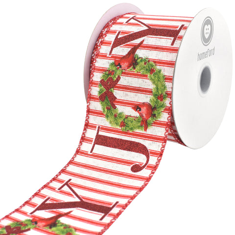 Christmas Joy Wreath Stripes Faux Linen Wired Ribbon, 10-yard