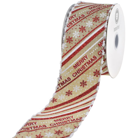 Glittered Merry Christmas Diagonal Stripes Wired Ribbon, 2-1/2-inch, 10-yard