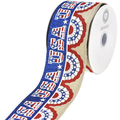 Patriotic Pleated Fan Flags Faux Linen Wired Ribbon, 2-1/2-inch, 10-yard