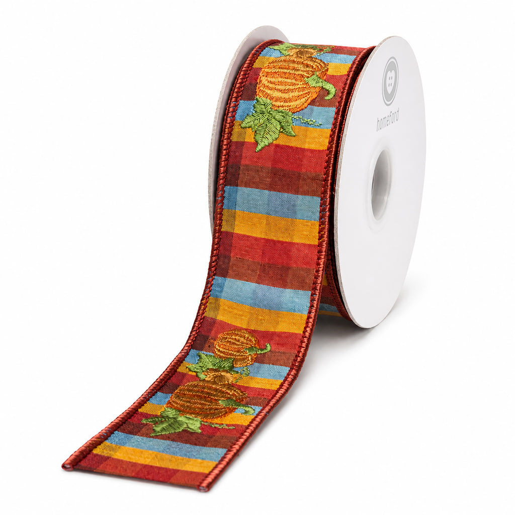 Embroidered Pumpkin Tonal Plaid Dupioni Wired Edge Ribbon, 1-1/2-inch, 5-yard