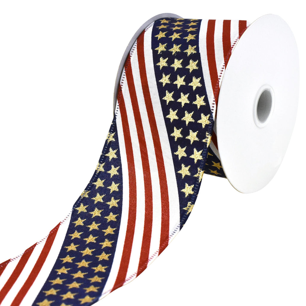 Patriotic Stars and Stripes Diagonal Flag Wired Ribbon, 10-Yard