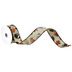 Leaves and Footballs Wired Autumn Fall Ribbon, 10-yard