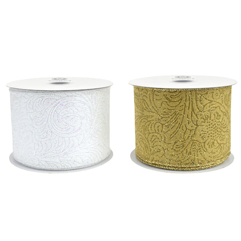 Embossed Glittered Flowers Polypropylene Wired Ribbon, 2-1/2-inch, 10-yard