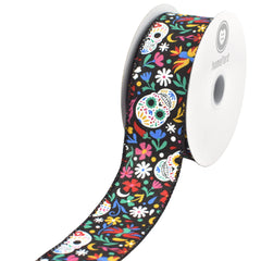 Halloween Day of the Dead Calaveras Sugar Skull Satin Wired Ribbon, 10-yard