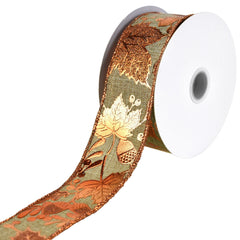 Embossed Leaves Faux Linen Wired Autumn Fall Ribbon, 10-yard