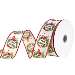 Merry Christmas Wreath Faux Linen Wired Ribbon, 1-1/2-inch, 10-yard