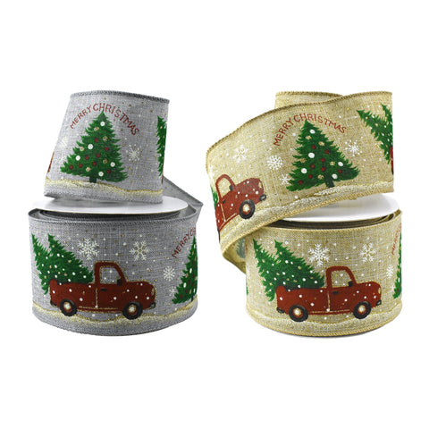 Glitter Red Truck With Christmas Trees Wired Ribbon, 2-1/2-Inch, 10-Yard