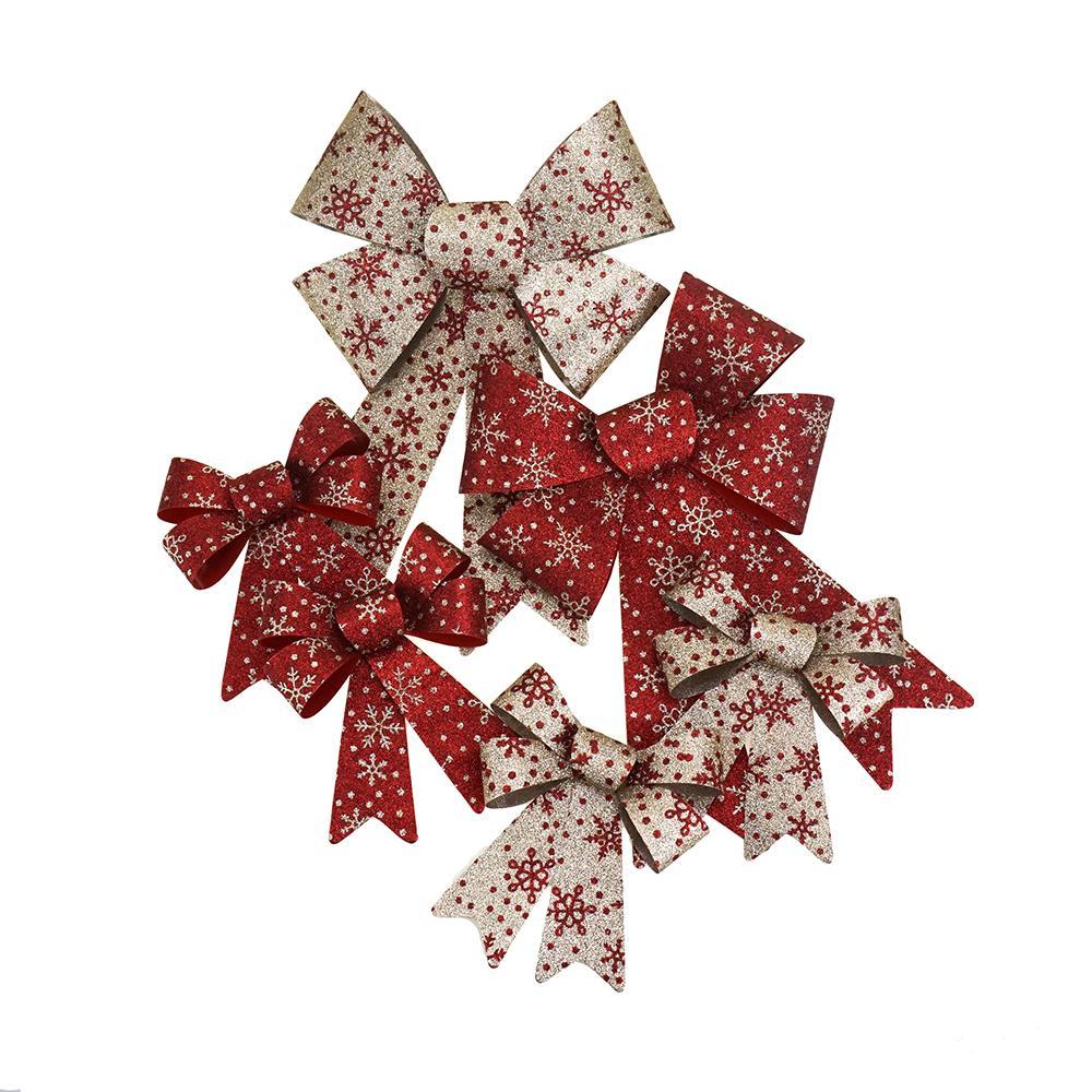 Glitter Snowflake Print Plastic Christmas Bows, Red/Champagne, 6-Piece