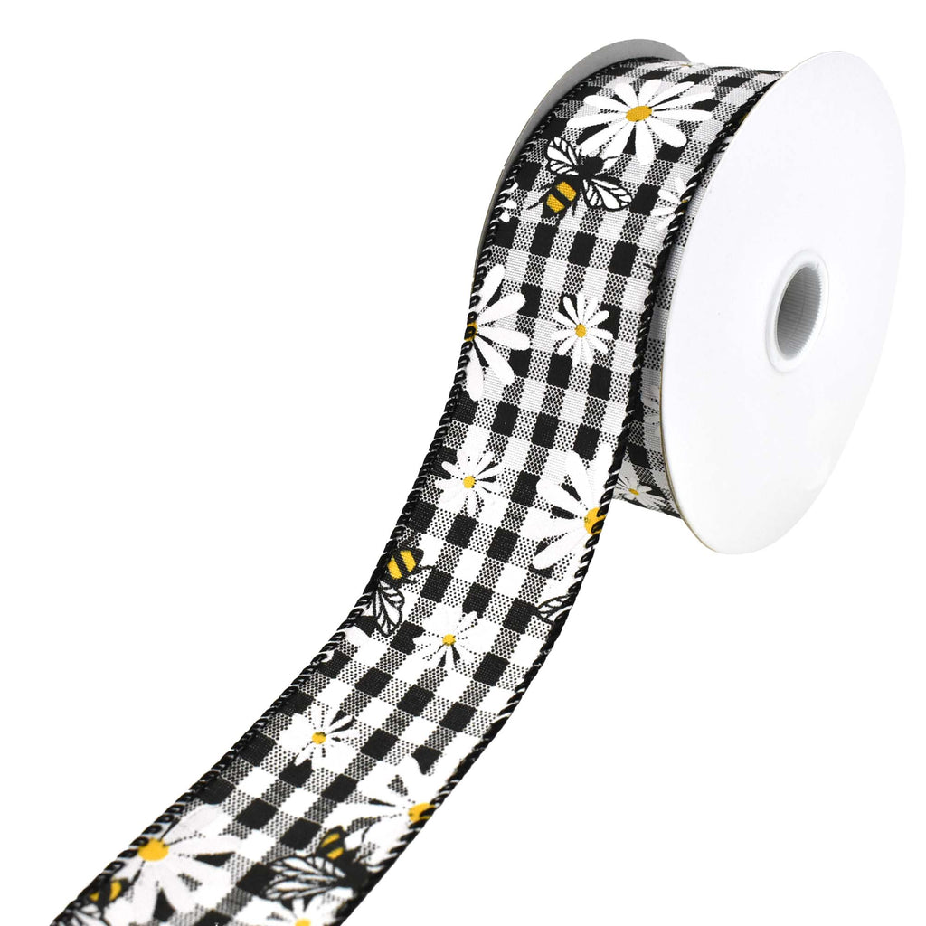 Gingham Plaid Daisies and Bees Wired Ribbon, 1-1/2-Inch, 10-Yard
